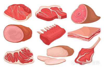 新鲜肉制品的扁平向量集。食物图标。生牛肉、猪肉、羊排、熏火腿和猪油